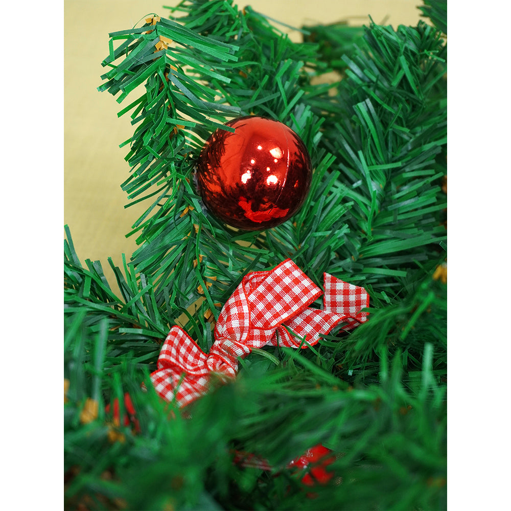 8 feet Bushy Deep Green Xmas Garland filled with cotton flowers, Bows, Cherries & big size Pinecones Christmas Garland for Home and Table Décor