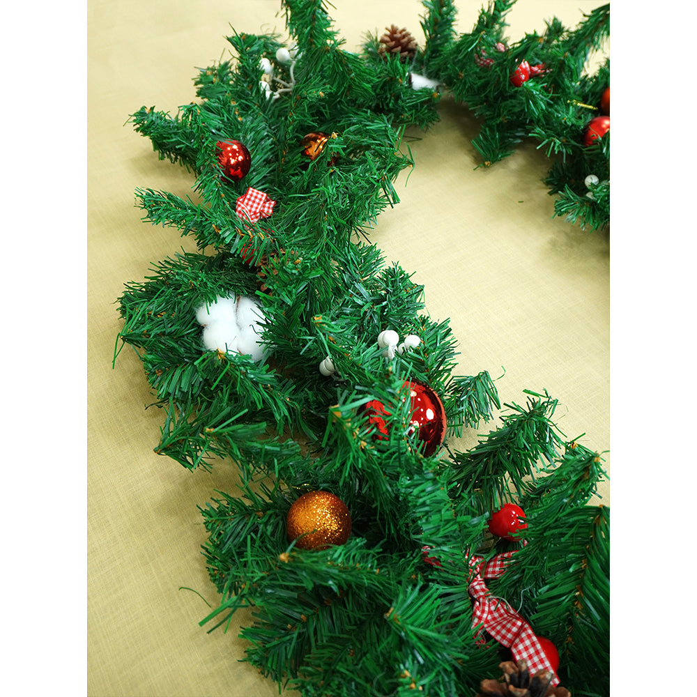8 feet Bushy Deep Green Xmas Garland filled with cotton flowers, Bows, Cherries & big size Pinecones Christmas Garland for Home and Table Décor
