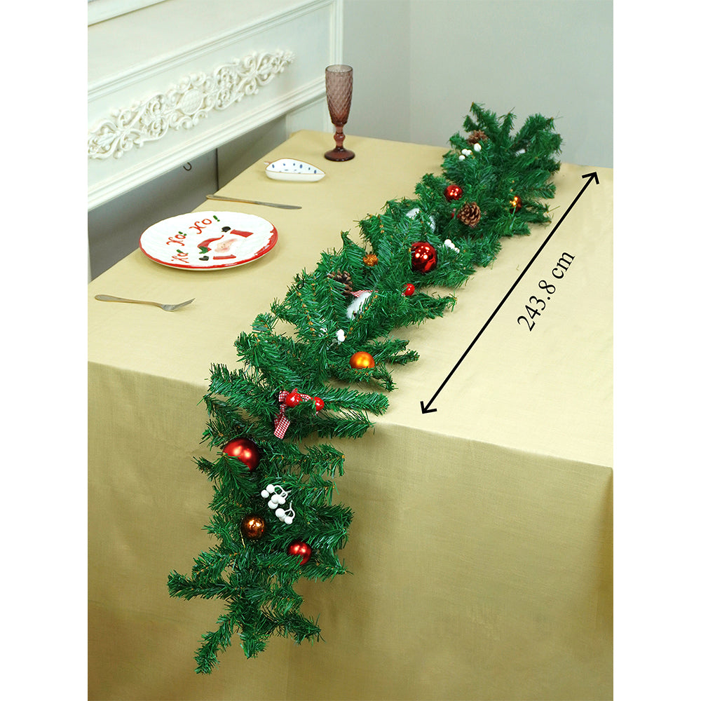 8 feet Bushy Deep Green Xmas Garland filled with cotton flowers, Bows, Cherries & big size Pinecones Christmas Garland for Home and Table Décor
