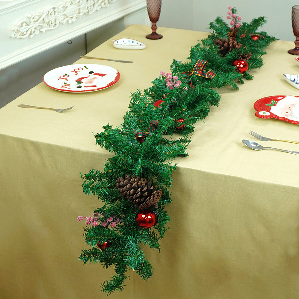 8 feet Bushy Frosty Cherry Deep Green Xmas Garland filled with , Bows, balls & big size Pinecones Christmas Garland for Home and Table Décor