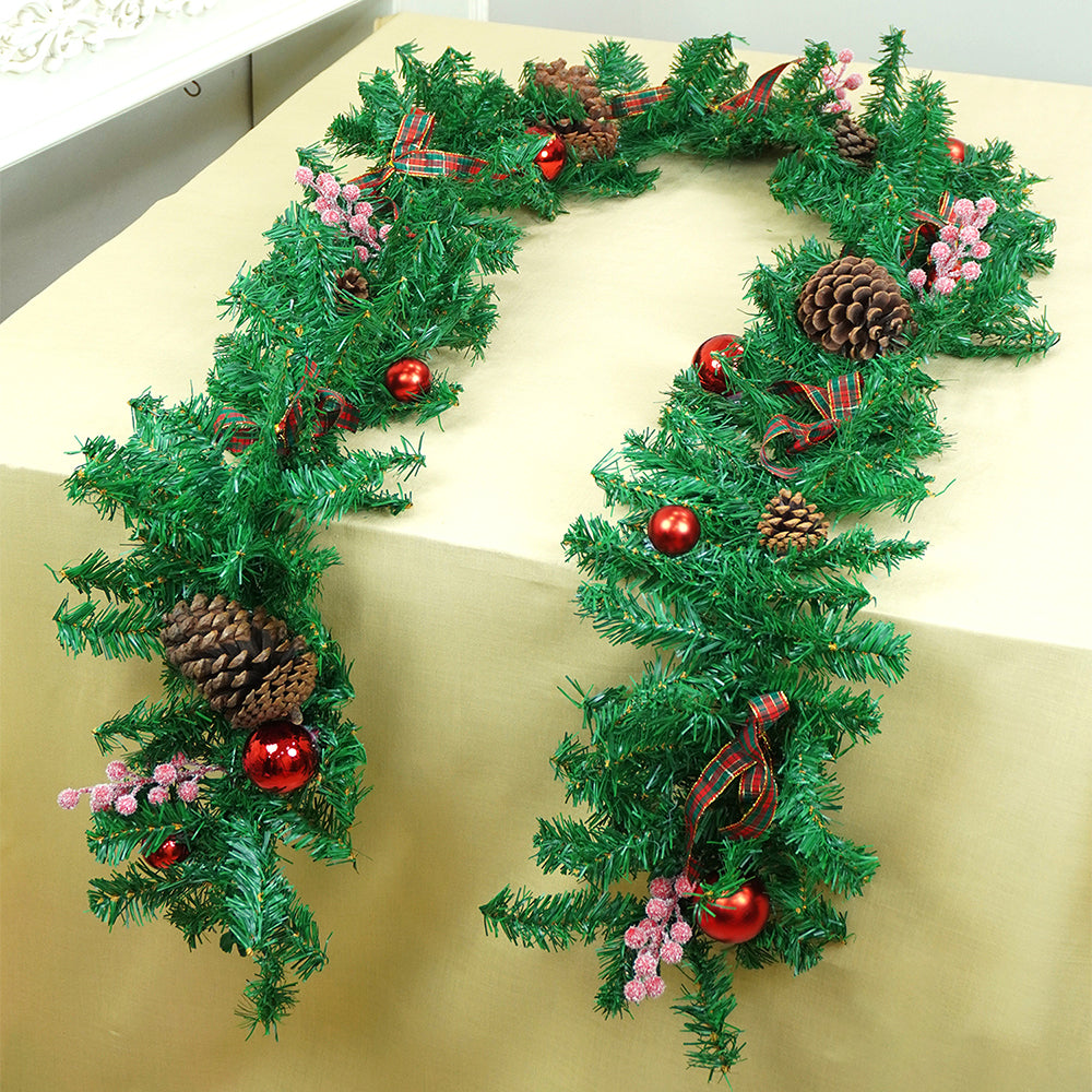 8 feet Bushy Frosty Cherry Deep Green Xmas Garland filled with , Bows, balls & big size Pinecones Christmas Garland for Home and Table Décor