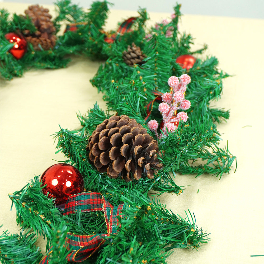 8 feet Bushy Frosty Cherry Deep Green Xmas Garland filled with , Bows, balls & big size Pinecones Christmas Garland for Home and Table Décor