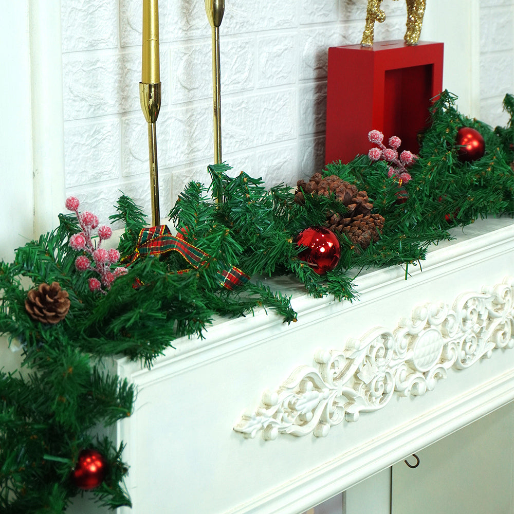 8 feet Bushy Frosty Cherry Deep Green Xmas Garland filled with , Bows, balls & big size Pinecones Christmas Garland for Home and Table Décor