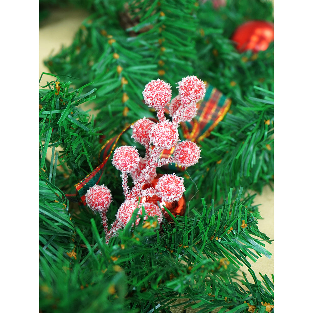8 feet Bushy Frosty Cherry Deep Green Xmas Garland filled with , Bows, balls & big size Pinecones Christmas Garland for Home and Table Décor