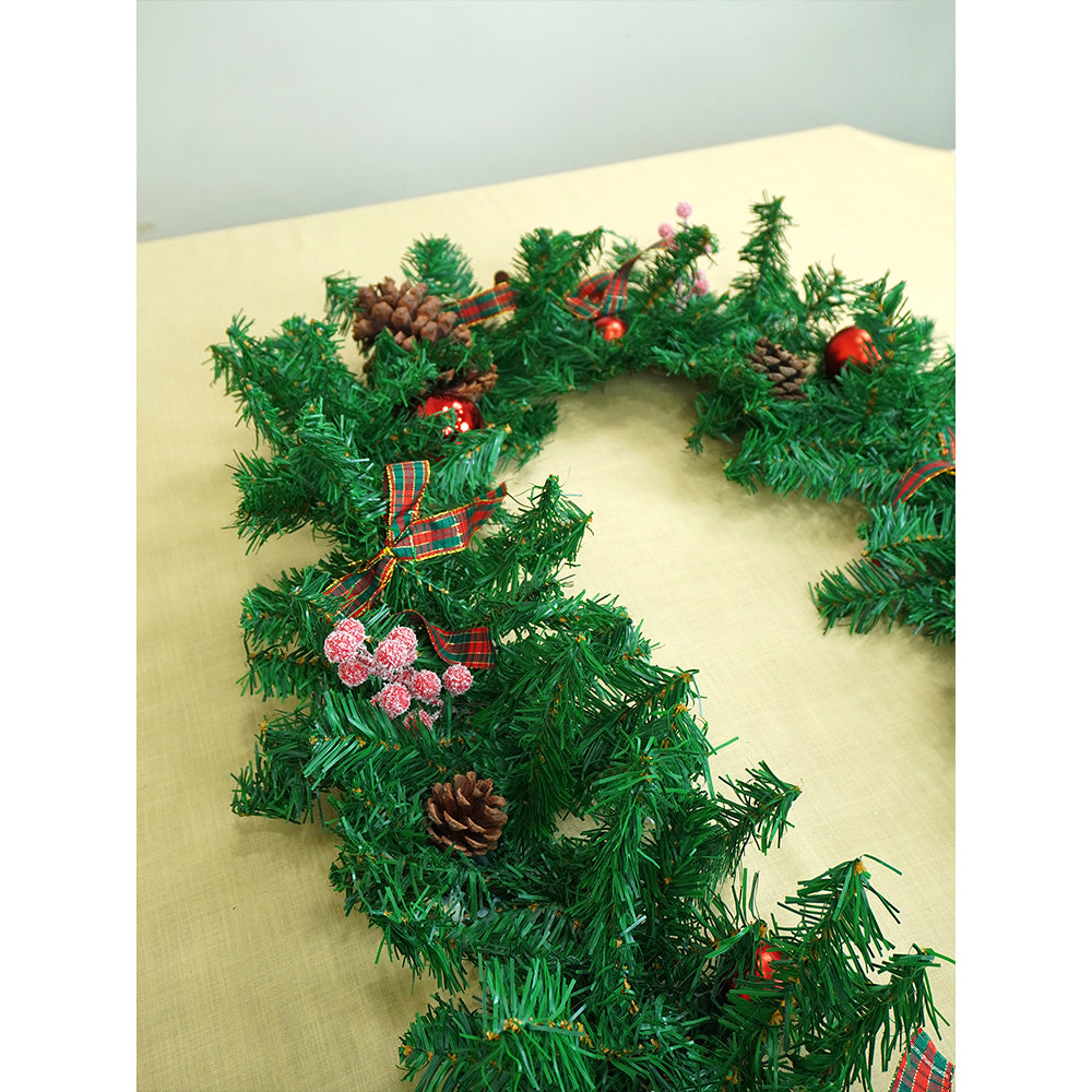 8 feet Bushy Frosty Cherry Deep Green Xmas Garland filled with , Bows, balls & big size Pinecones Christmas Garland for Home and Table Décor