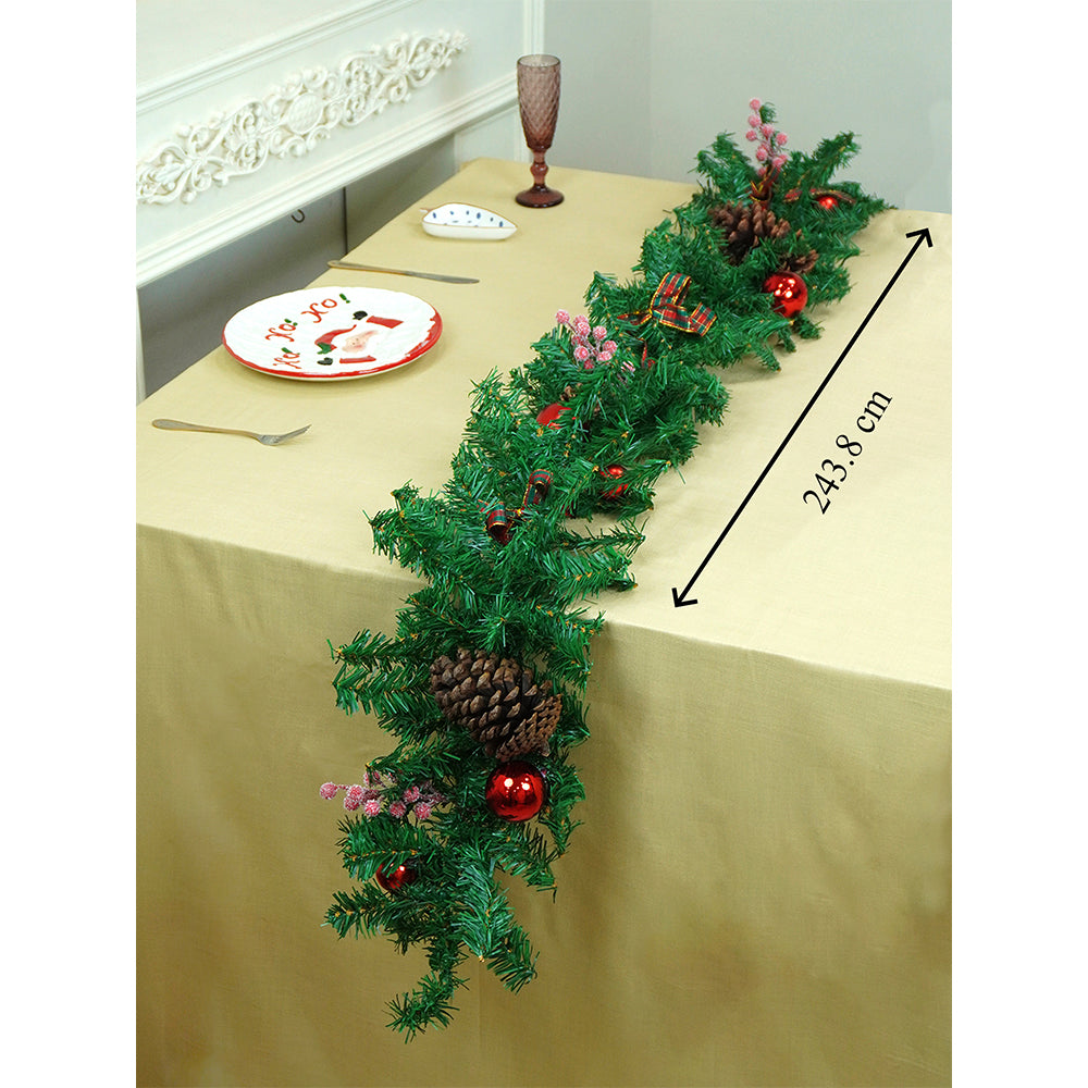 8 feet Bushy Frosty Cherry Deep Green Xmas Garland filled with , Bows, balls & big size Pinecones Christmas Garland for Home and Table Décor