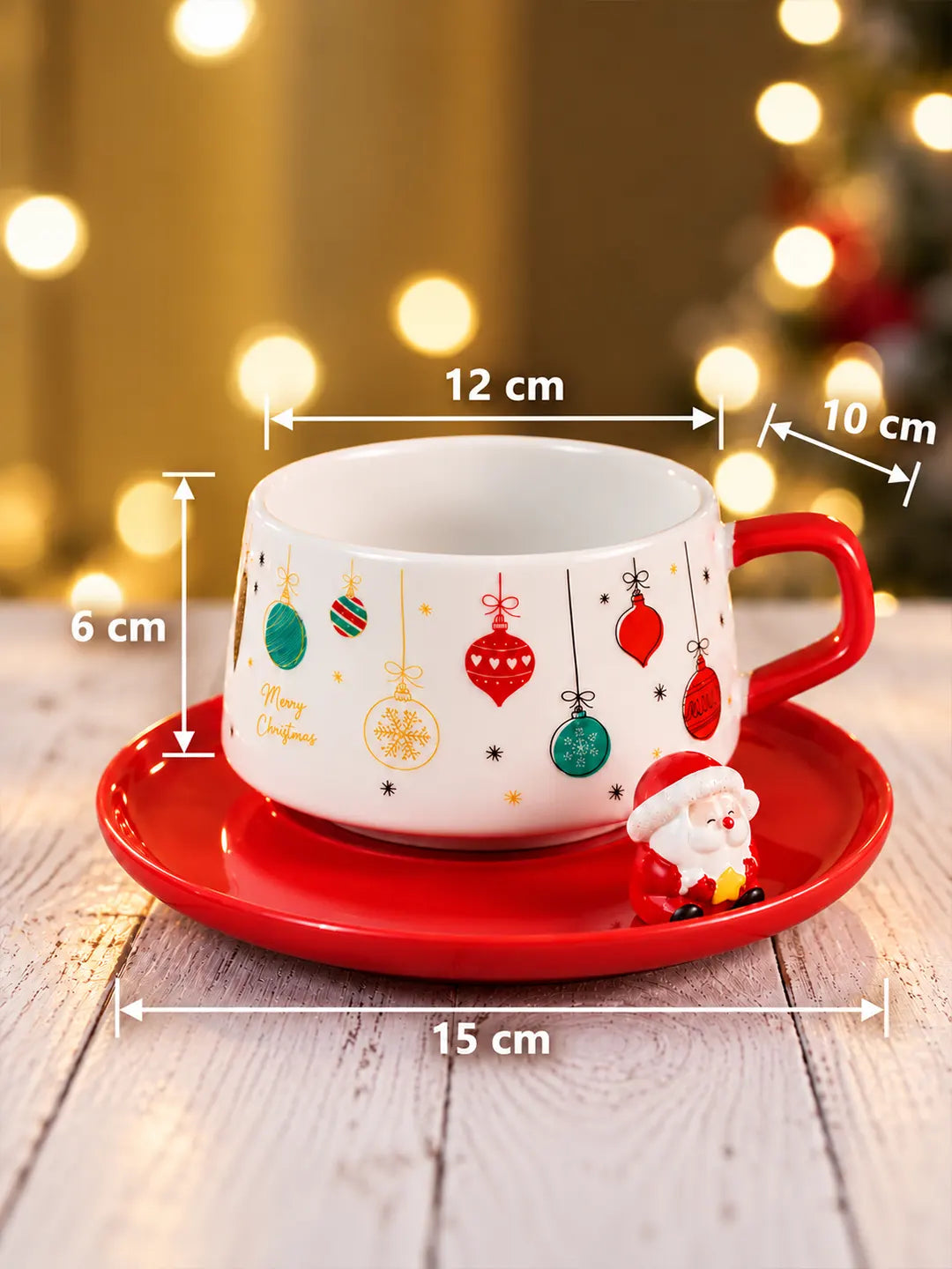 Christmas Baubles Themed Ceramic Cup with 3D Santa Saucer & Spoon Set
