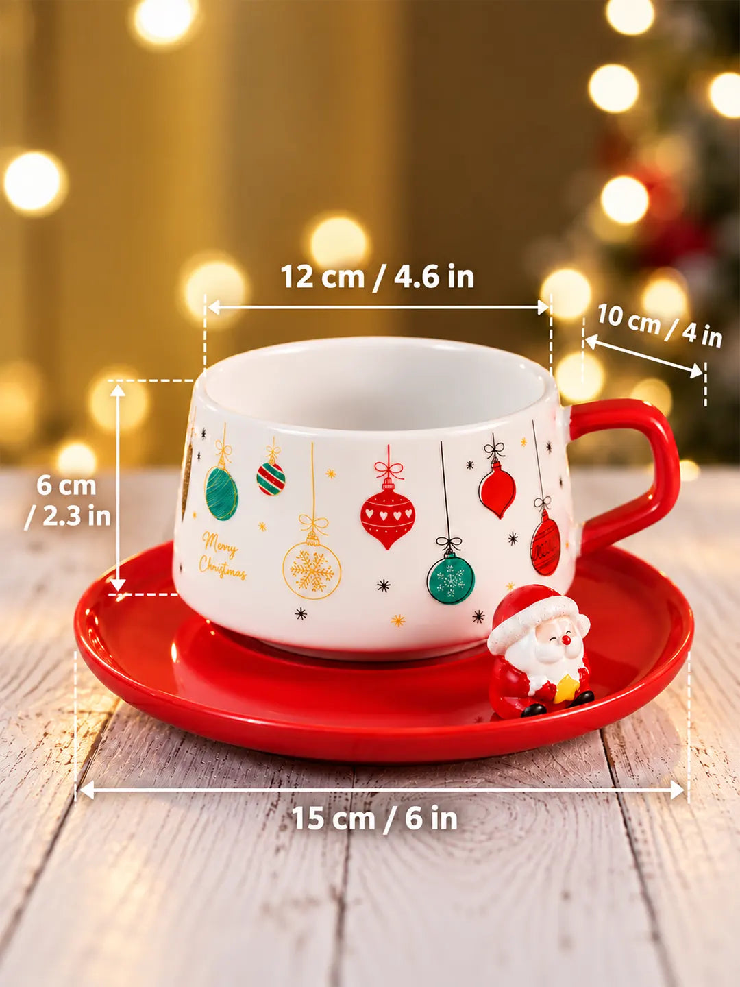 Christmas Baubles Themed Ceramic Cup with 3D Santa Saucer & Spoon Set