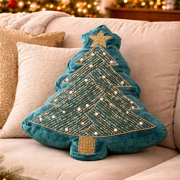 Velvet Beaded Christmas Tree shaped Christmas Pillow Home Décor