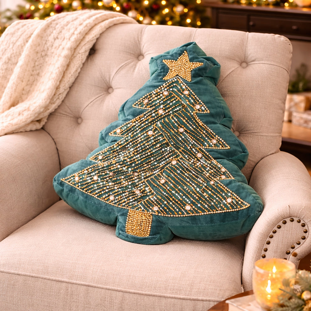 Velvet Beaded Christmas Tree shaped Christmas Pillow Home Décor