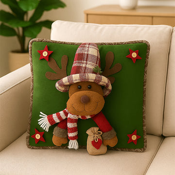 3D Reindeer with a Big Hat Christmas themed festive Pillow Cover, 42cms x 42cms
