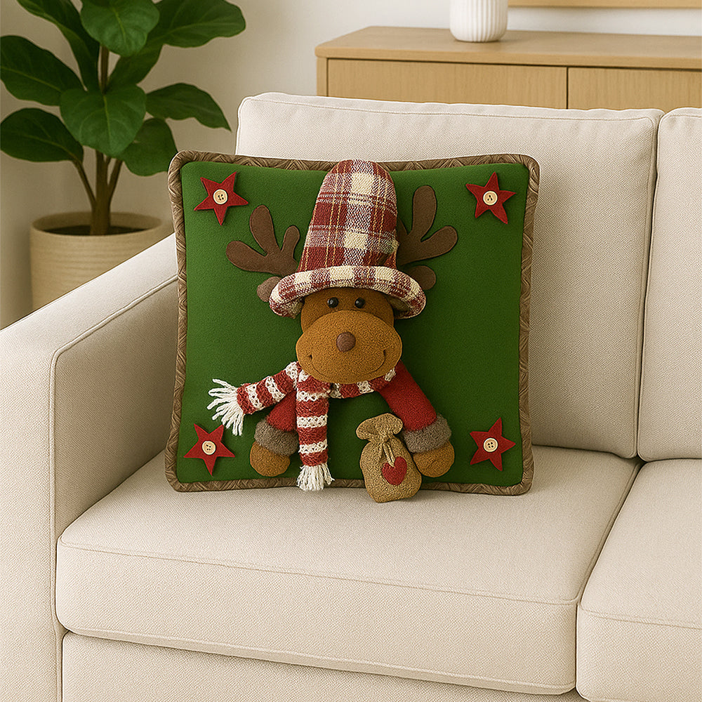 3D Reindeer with a Big Hat Christmas themed festive Pillow Cover, 42cms x 42cms