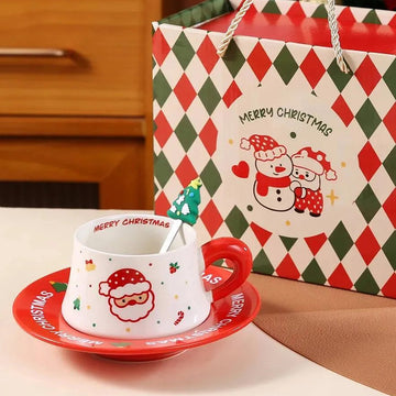 Big Santa Christmas themed Ceramic Cup & Saucer with 3D Christmas Tree Spoon Gift Box Set