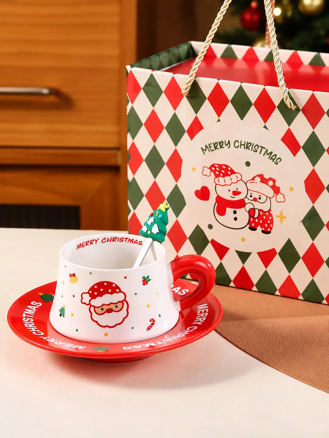 Big Santa Christmas themed Ceramic Cup & Saucer with 3D Christmas Tree Spoon Gift Box Set