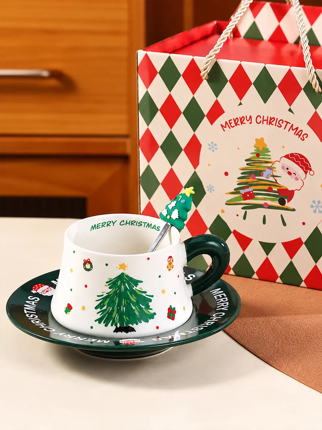 Minimal Christmas Tree Ceramic Cup & Saucer with 3D Christmas Tree Spoon Gift Box Set