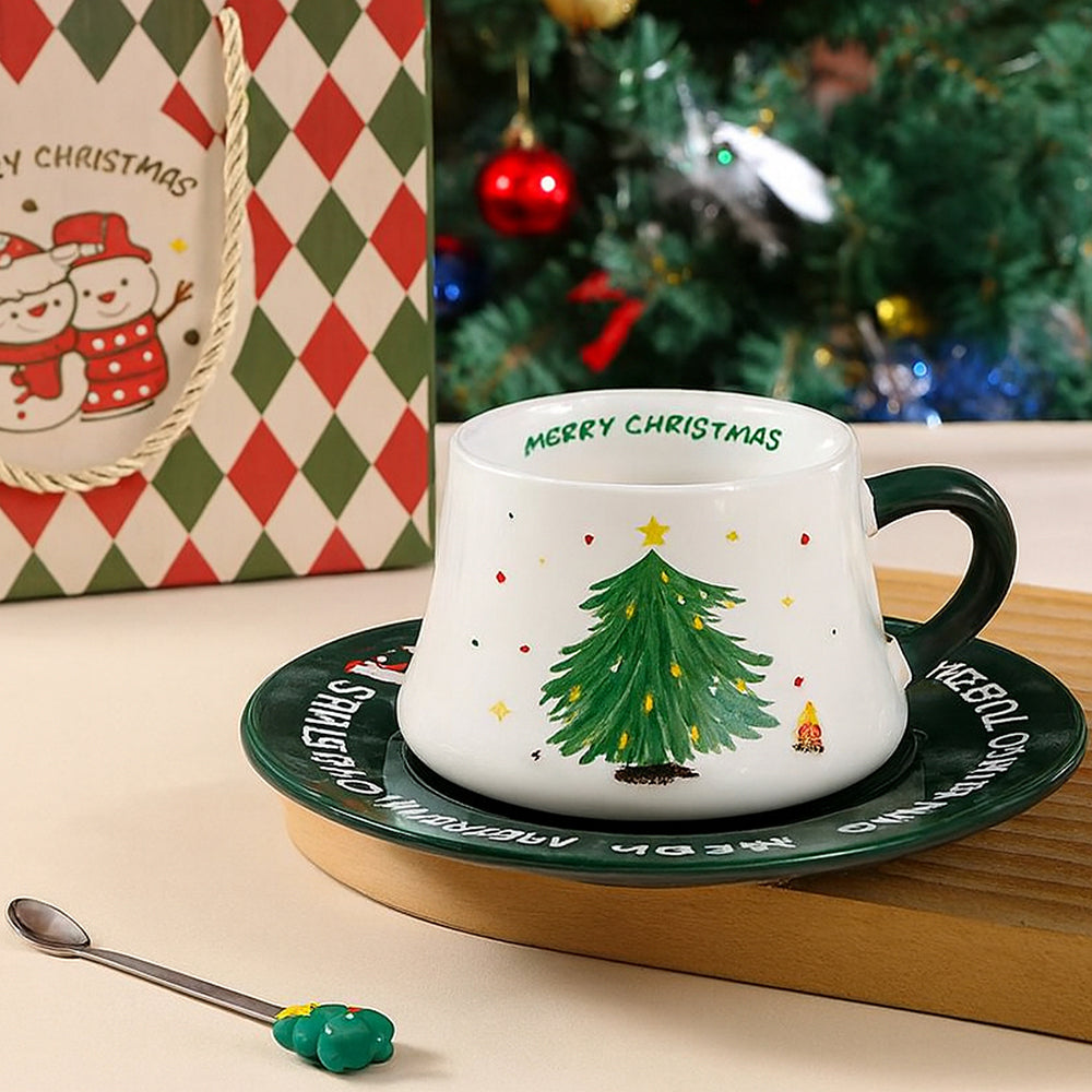 Minimal Christmas Tree Ceramic Cup & Saucer with 3D Christmas Tree Spoon Gift Box Set