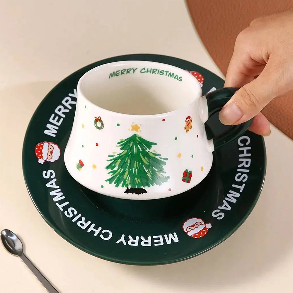Minimal Christmas Tree Ceramic Cup & Saucer with 3D Christmas Tree Spoon Gift Box Set