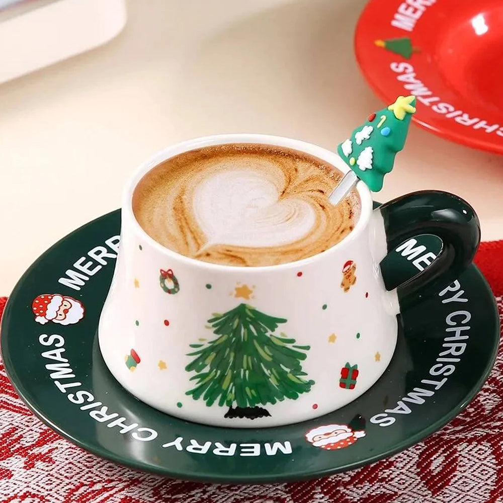 Minimal Christmas Tree Ceramic Cup & Saucer with 3D Christmas Tree Spoon Gift Box Set