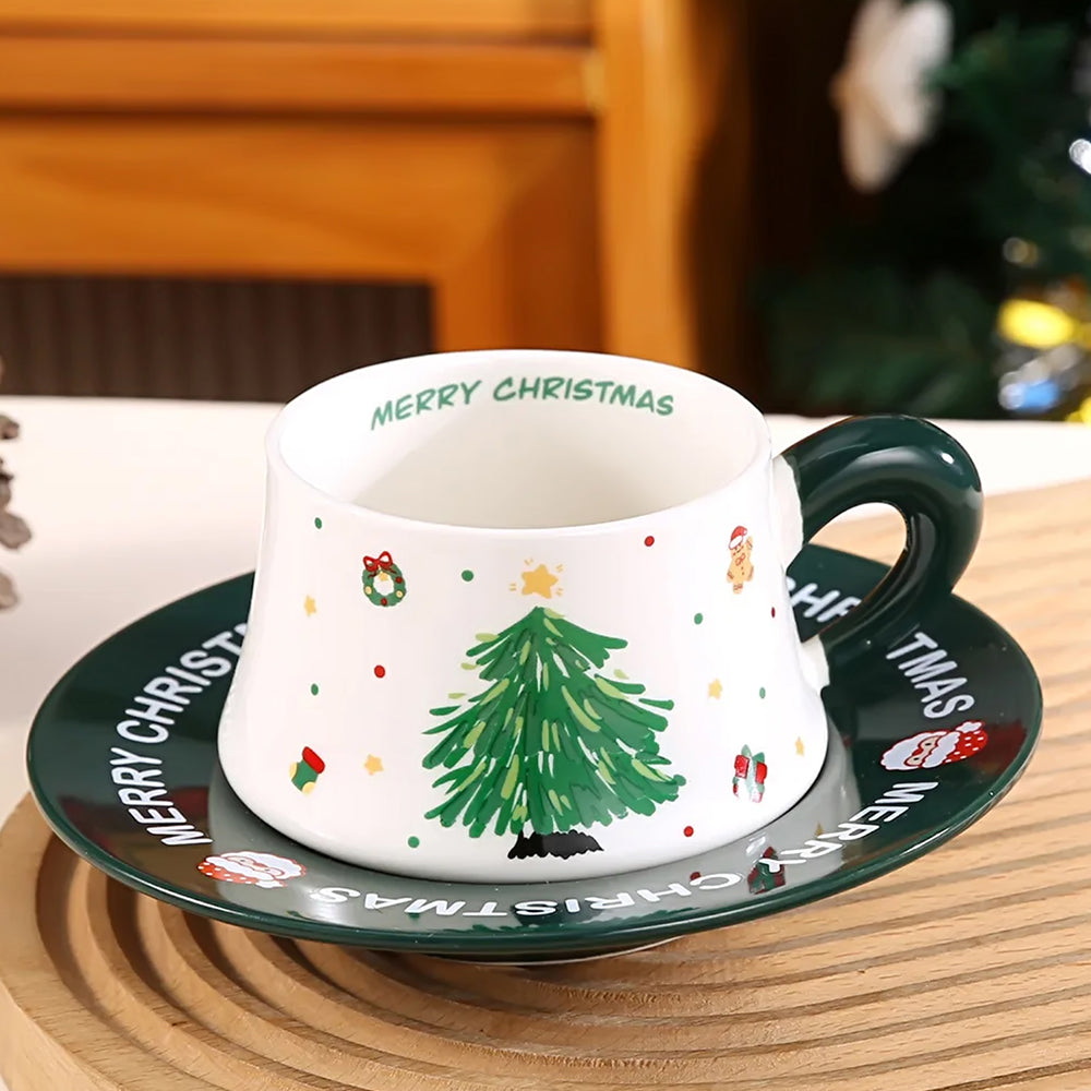 Minimal Christmas Tree Ceramic Cup & Saucer with 3D Christmas Tree Spoon Gift Box Set