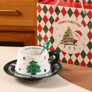 Minimal Christmas Tree Ceramic Cup & Saucer with 3D Christmas Tree Spoon Gift Box Set