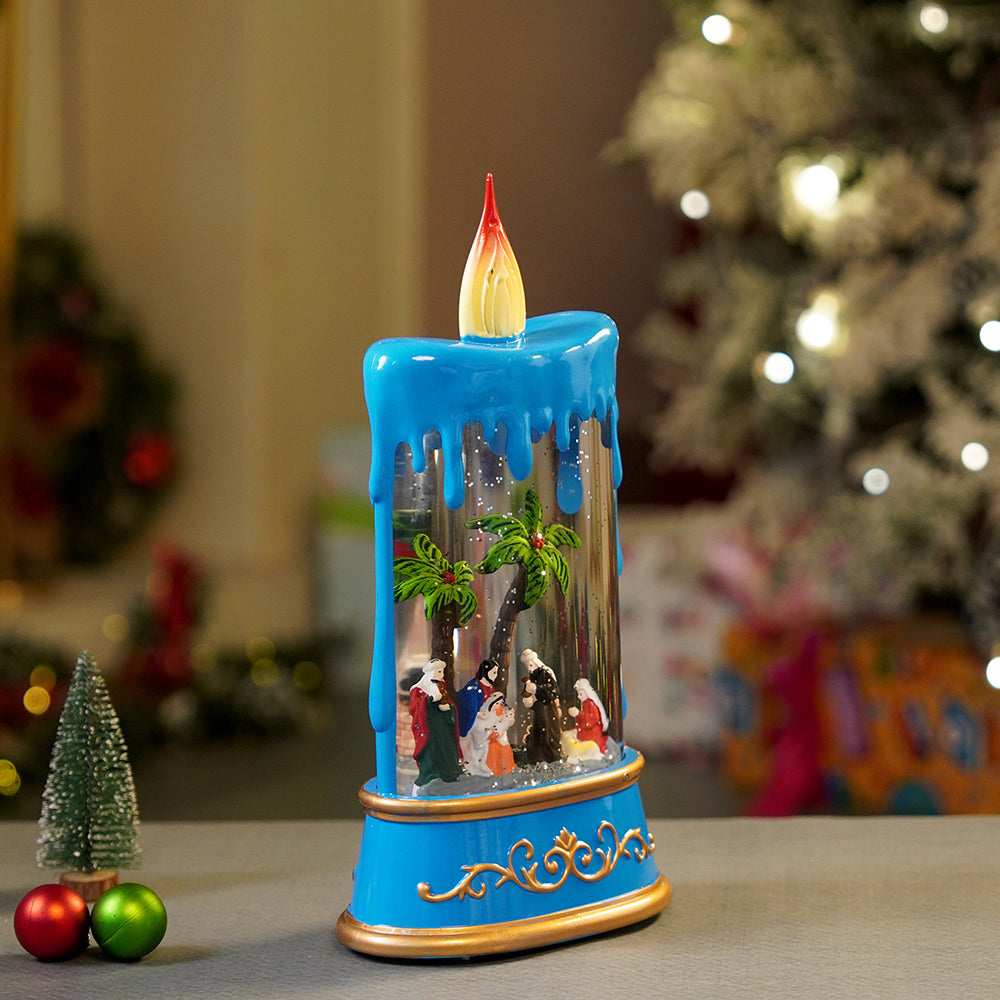 Blue Candle, with Musical Glitter Water and Lights, Christmas home décor and decoration