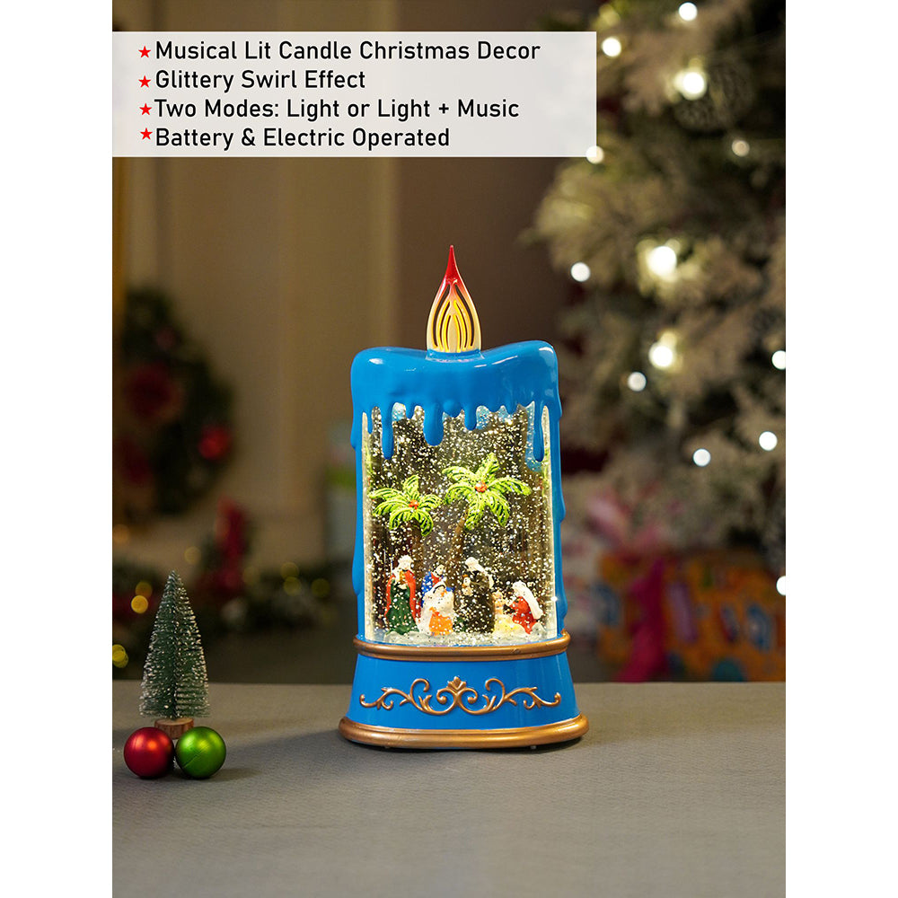 Blue Candle, with Musical Glitter Water and Lights, Christmas home décor and decoration