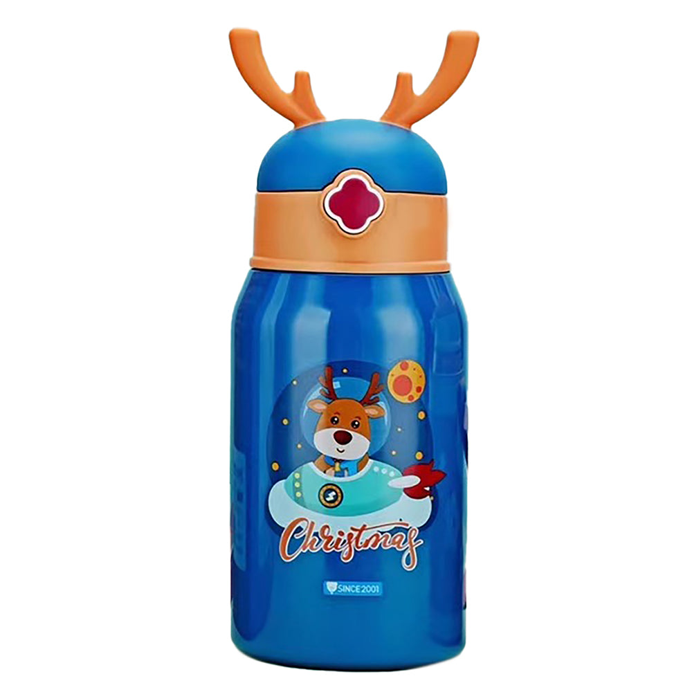 Blue & Orange Deer Antler Christmas Theme Stainless Steel Water Bottle with bottle Holder for Kids and Toddlers, 550 ml