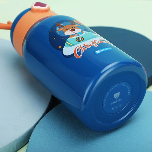 Blue & Orange Deer Antler Christmas Theme Stainless Steel Water Bottle with bottle Holder for Kids and Toddlers, 550 ml