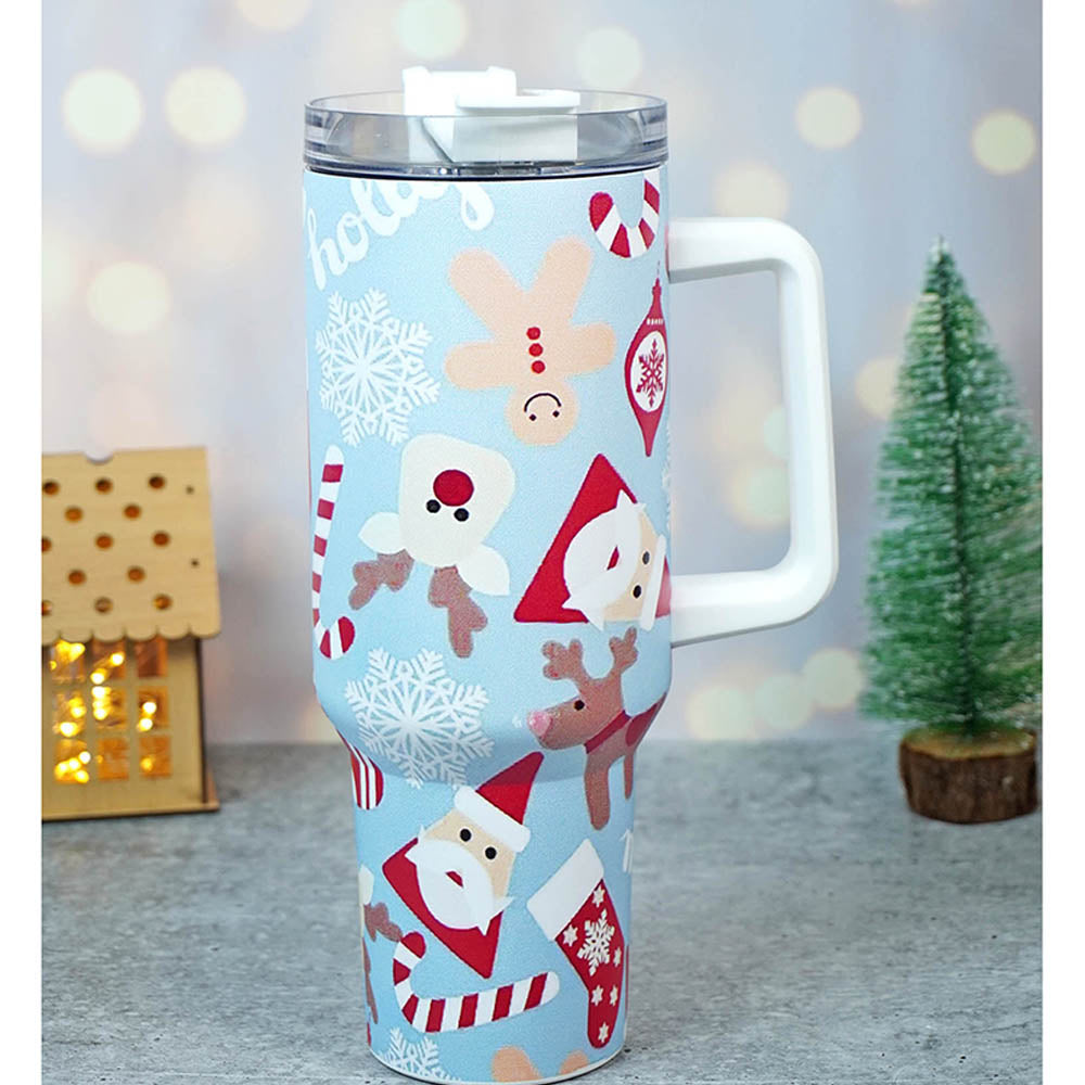 Light Blue Christmas themed vacum insulated stainless steel Tumbler with lid and straw, 1 litre