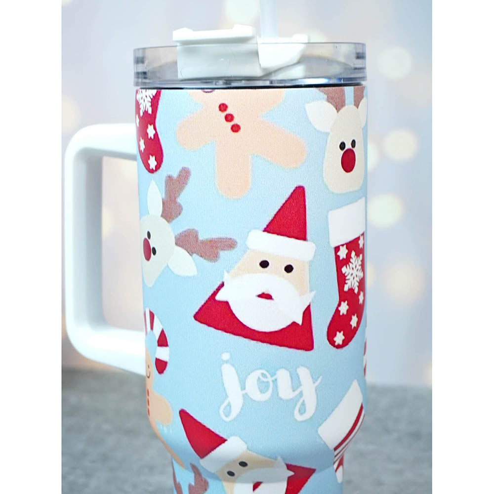 Light Blue Christmas themed vacum insulated stainless steel Tumbler with lid and straw, 1 litre