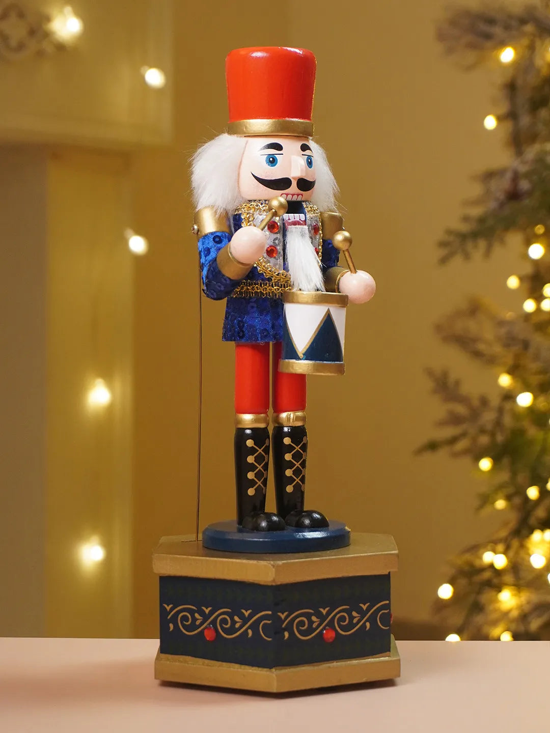 13 Inches Musical Blue Wooden Drummer Nutcracker, Christmas Table Décor,