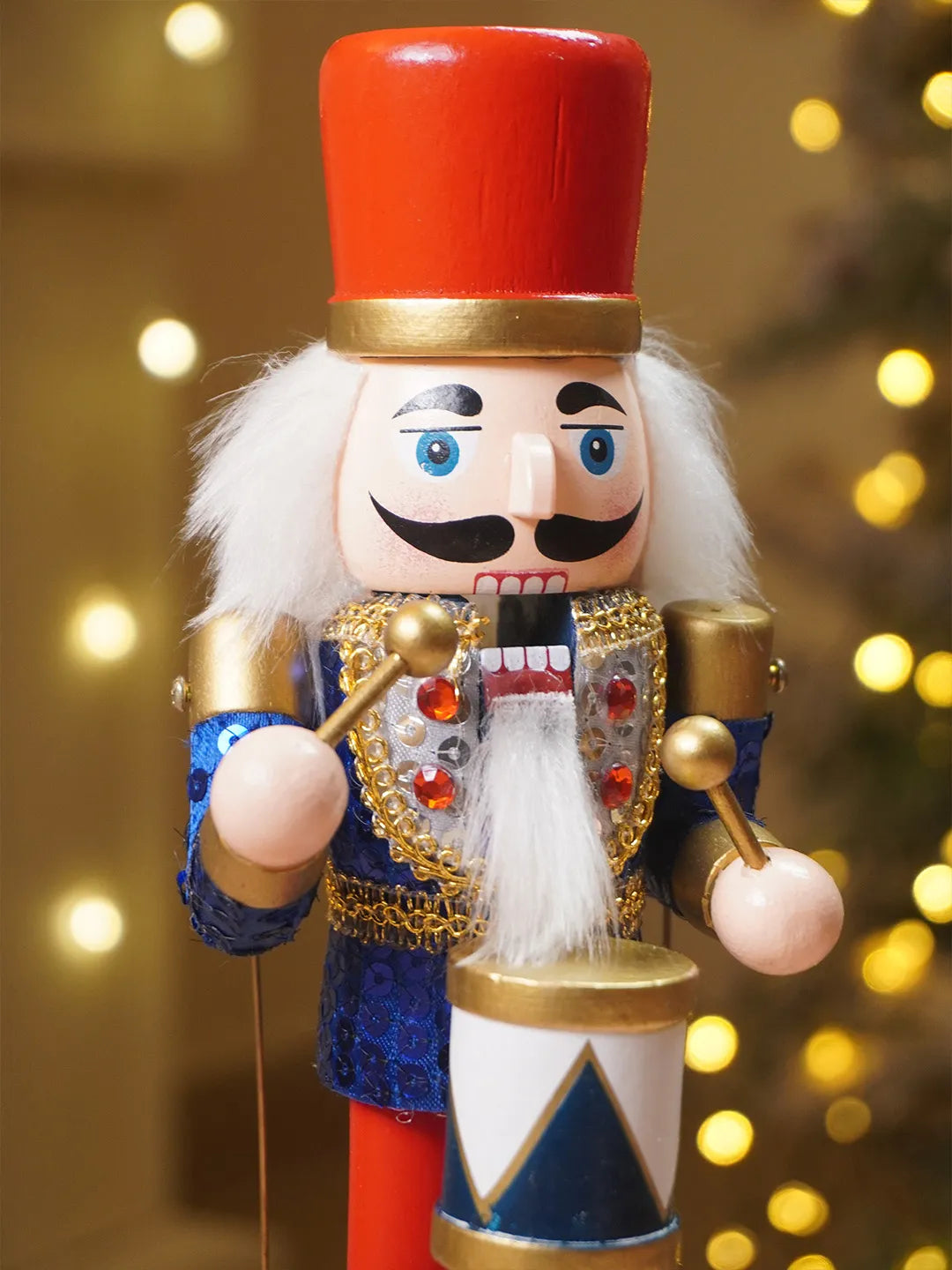 13 Inches Musical Blue Wooden Drummer Nutcracker, Christmas Table Décor,