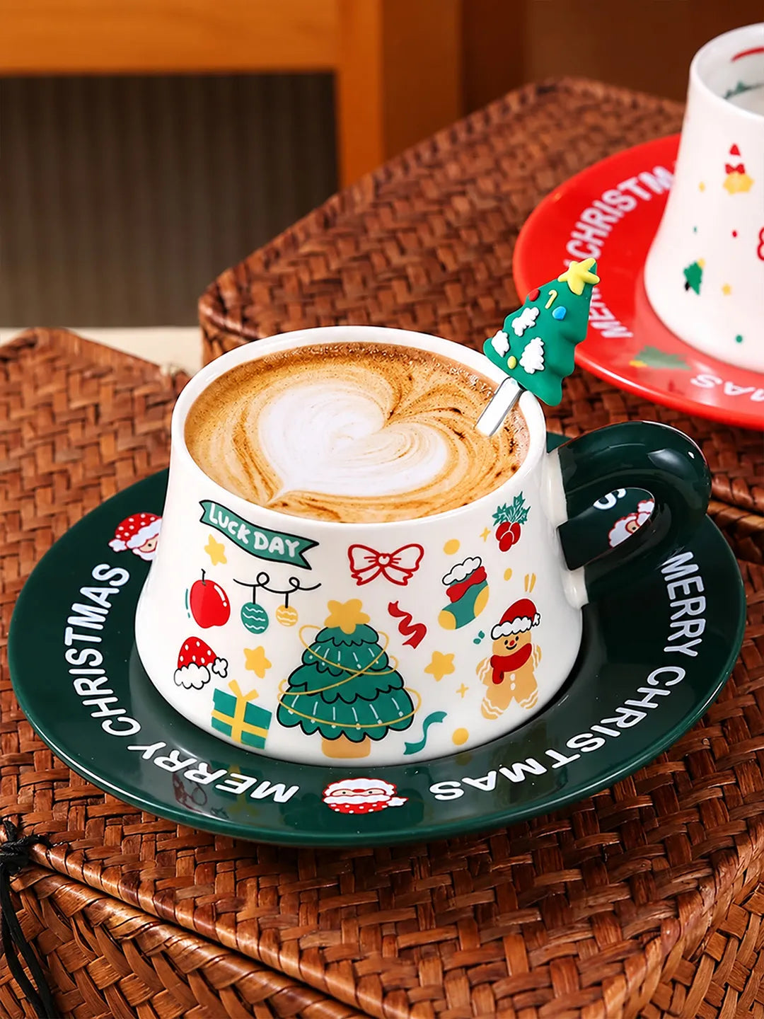 Star Tree Ceramic Cup & Saucer with 3D Christmas Tree Spoon Gift Box Set