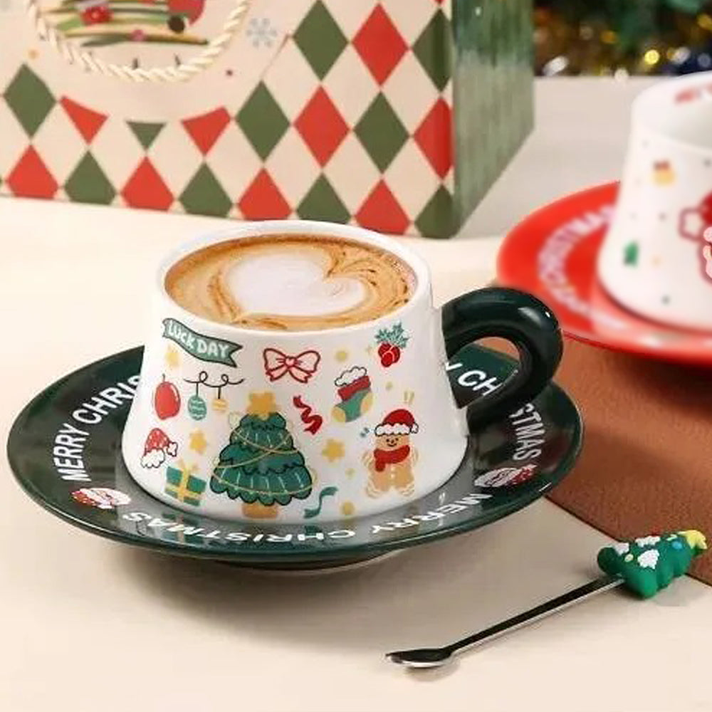 Star Tree Ceramic Cup & Saucer with 3D Christmas Tree Spoon Gift Box Set
