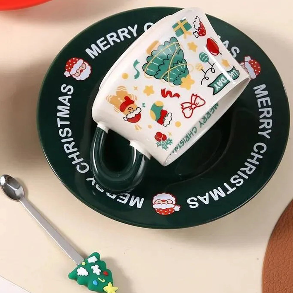 Star Tree Ceramic Cup & Saucer with 3D Christmas Tree Spoon Gift Box Set