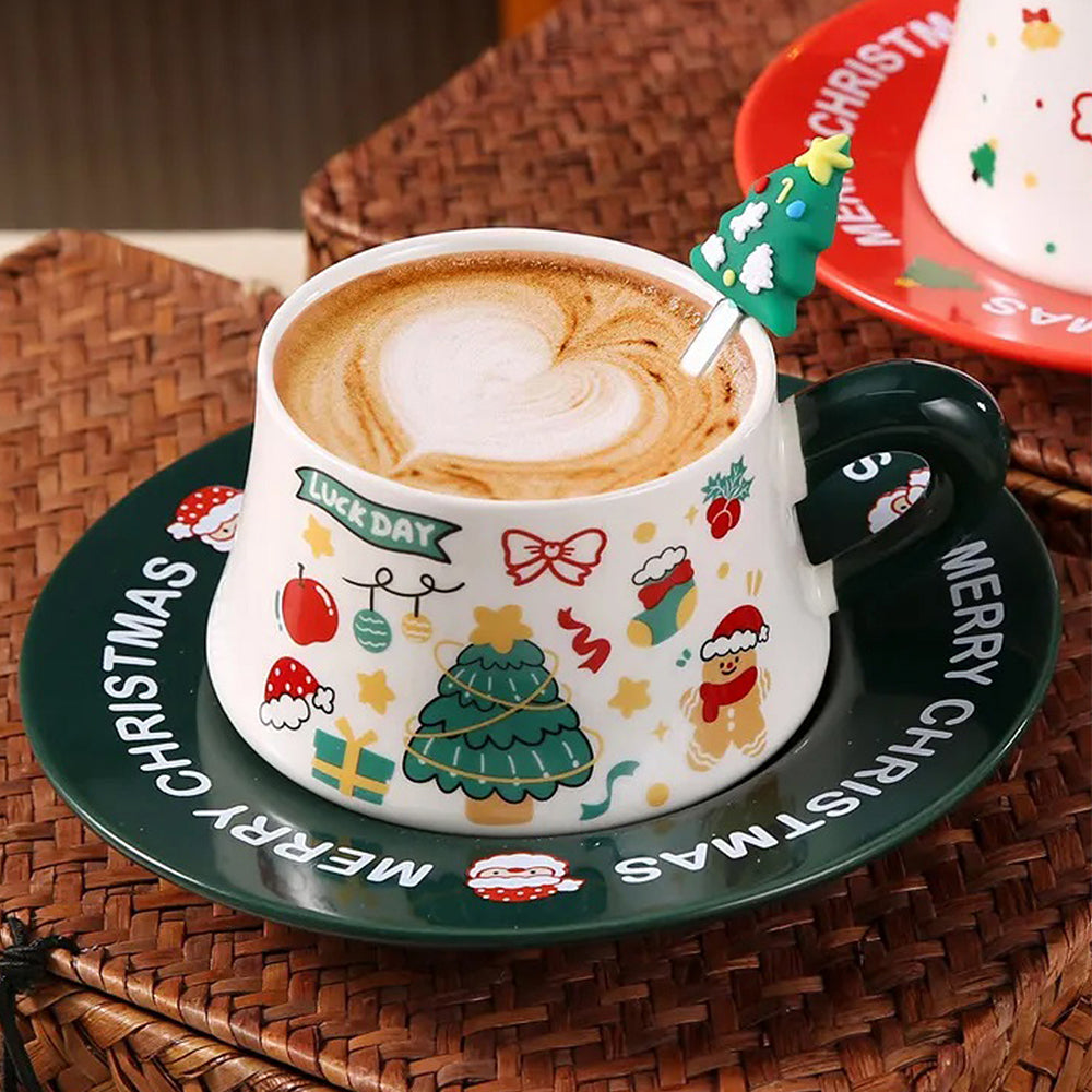 Star Tree Ceramic Cup & Saucer with 3D Christmas Tree Spoon Gift Box Set