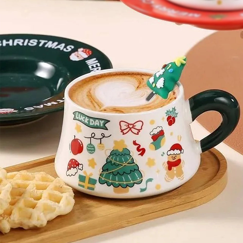 Star Tree Ceramic Cup & Saucer with 3D Christmas Tree Spoon Gift Box Set