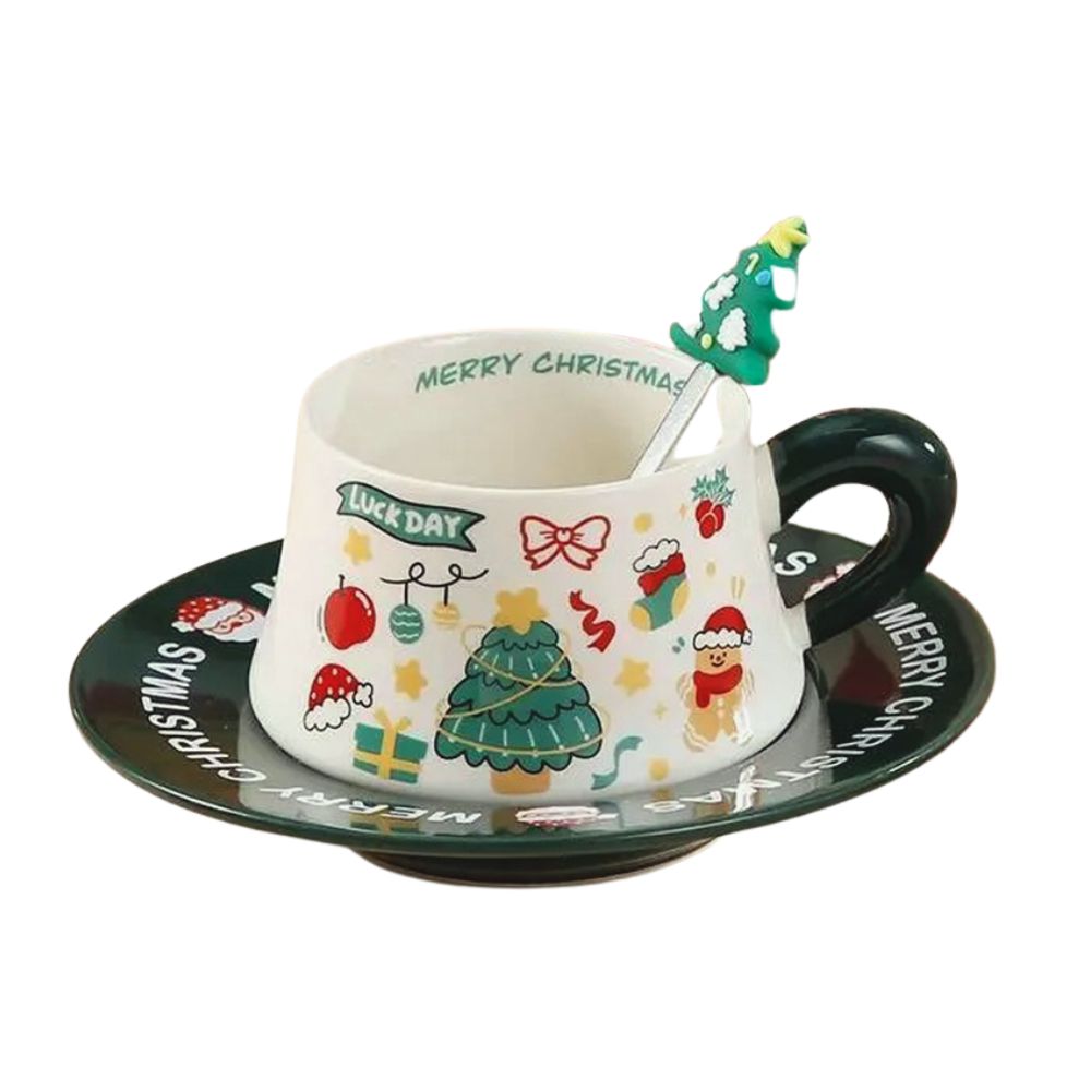 Star Tree Ceramic Cup & Saucer with 3D Christmas Tree Spoon Gift Box Set
