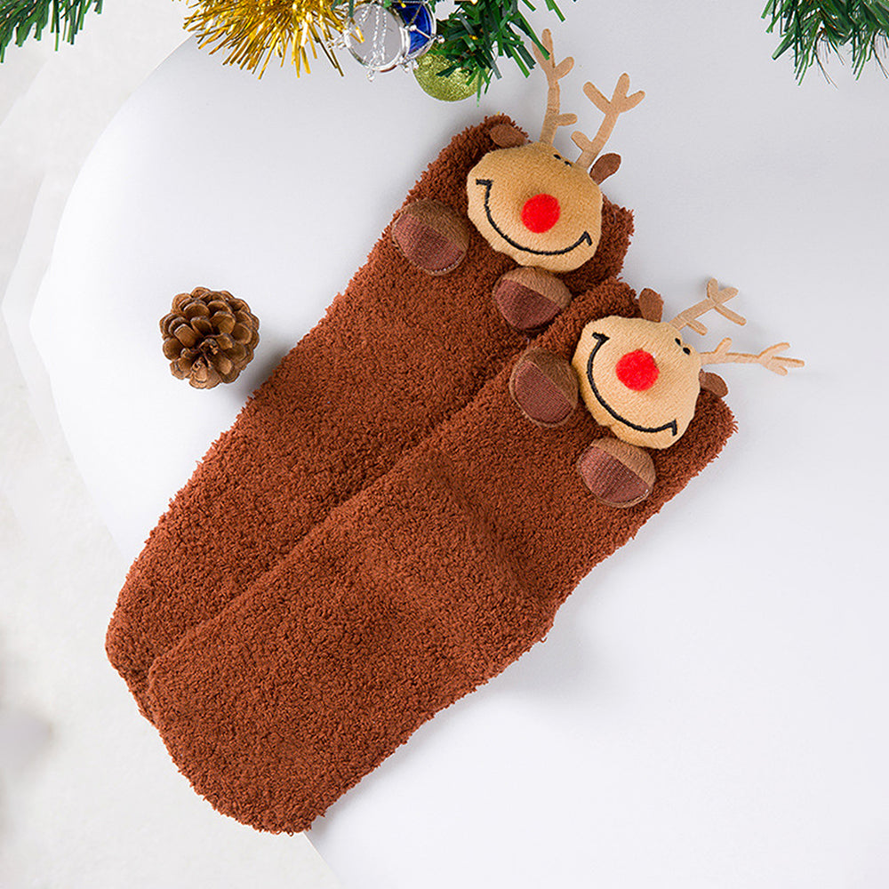 Dark Brown Reindeer -Xmas Tree Theme Woolen Christmas Socks For Kids