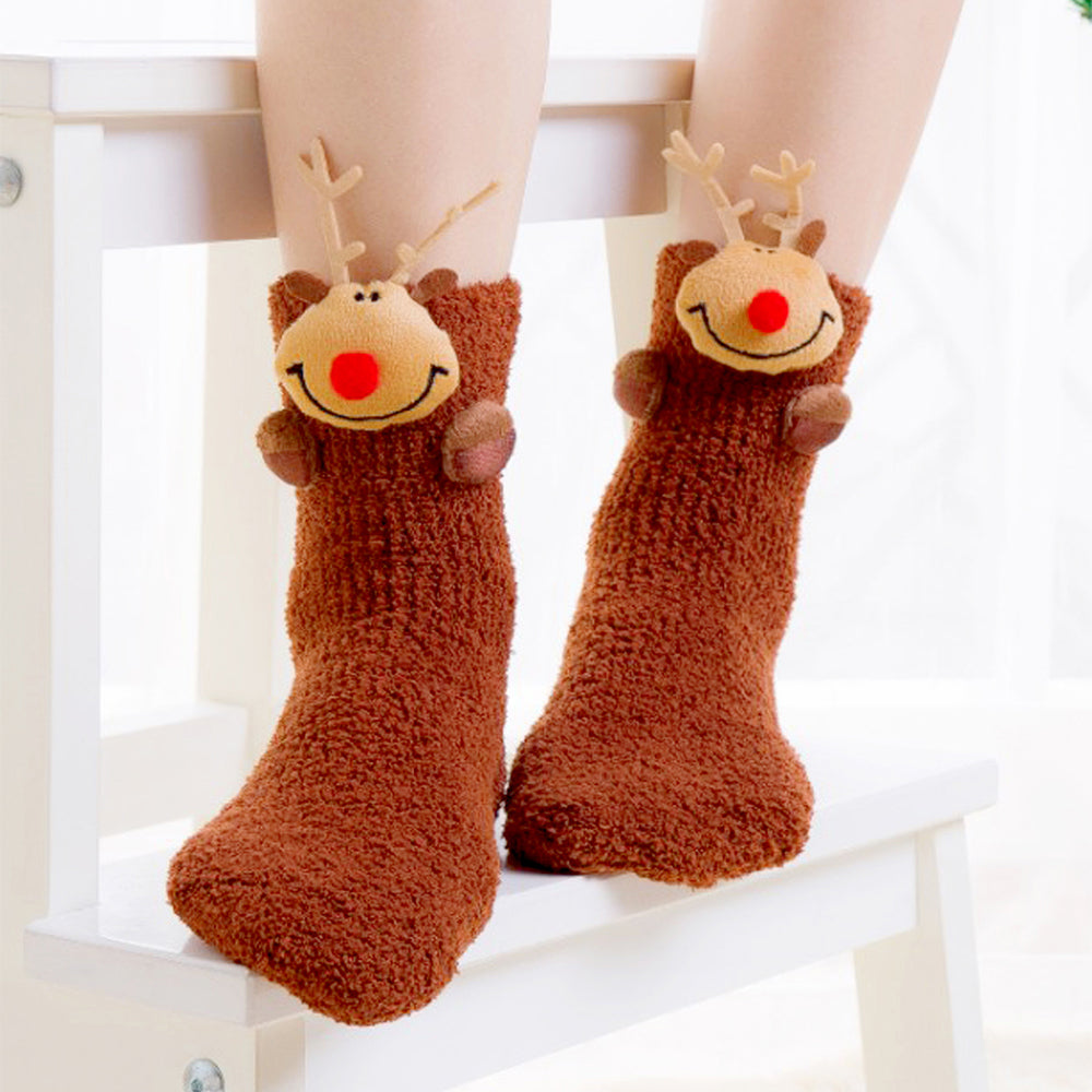 Dark Brown Reindeer -Xmas Tree Theme Woolen Christmas Socks For Kids