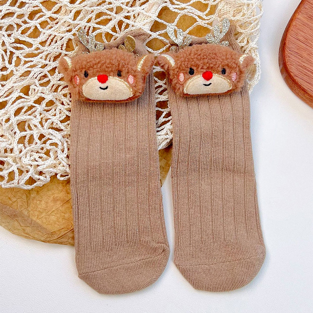 Brown 3D Baby Reindeer Christmas Themed Ankle Length Socks For Kids