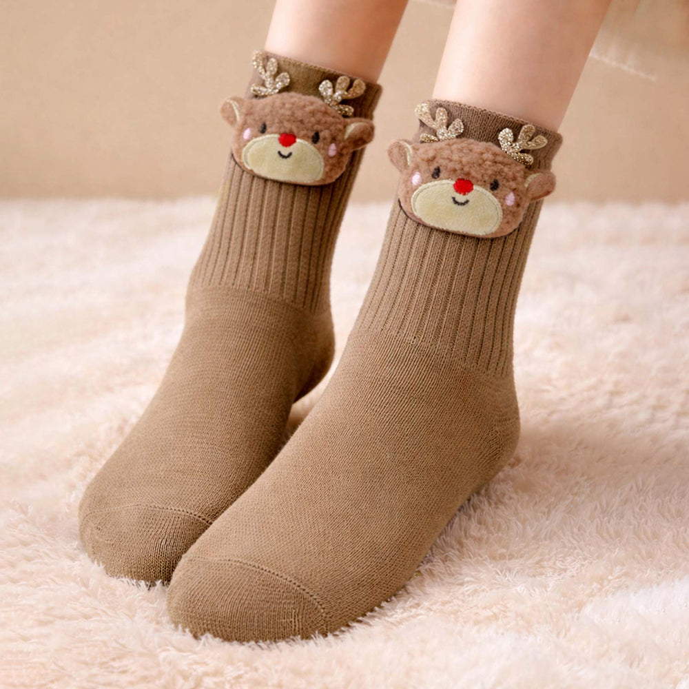 Brown 3D Baby Reindeer Christmas Themed Ankle Length Socks For Kids