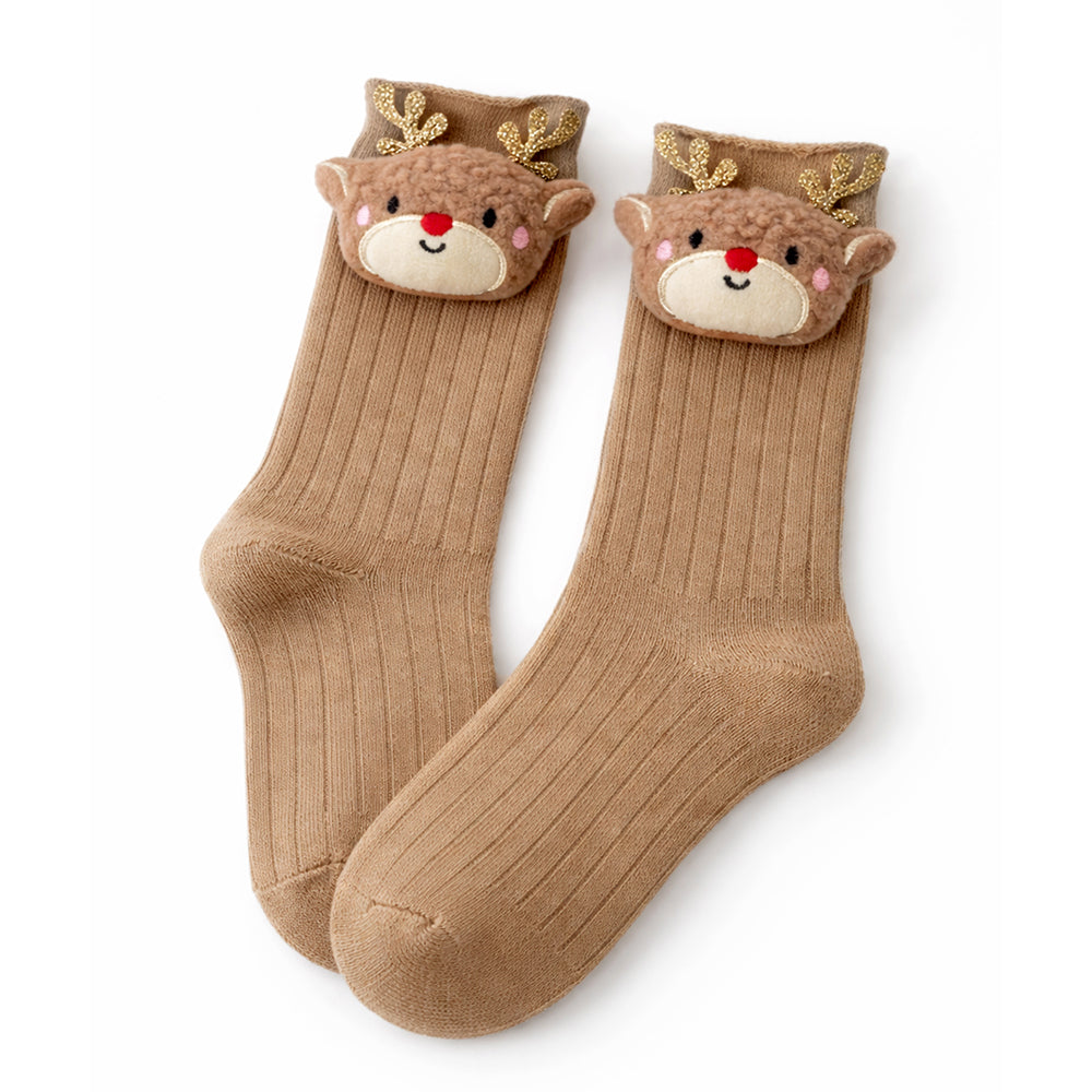 Brown 3D Baby Reindeer Christmas Themed Ankle Length Socks For Kids