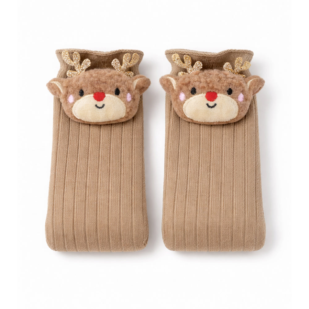 Brown 3D Baby Reindeer Christmas Themed Ankle Length Socks For Kids