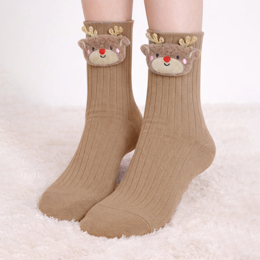 Brown 3D Baby Reindeer Christmas Themed Ankle Length Socks For Kids