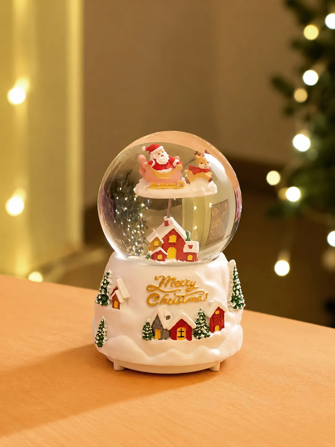 Brown Sledge Santa snow village colorful LED Dome with Music Christmas Table Décor & Gift option