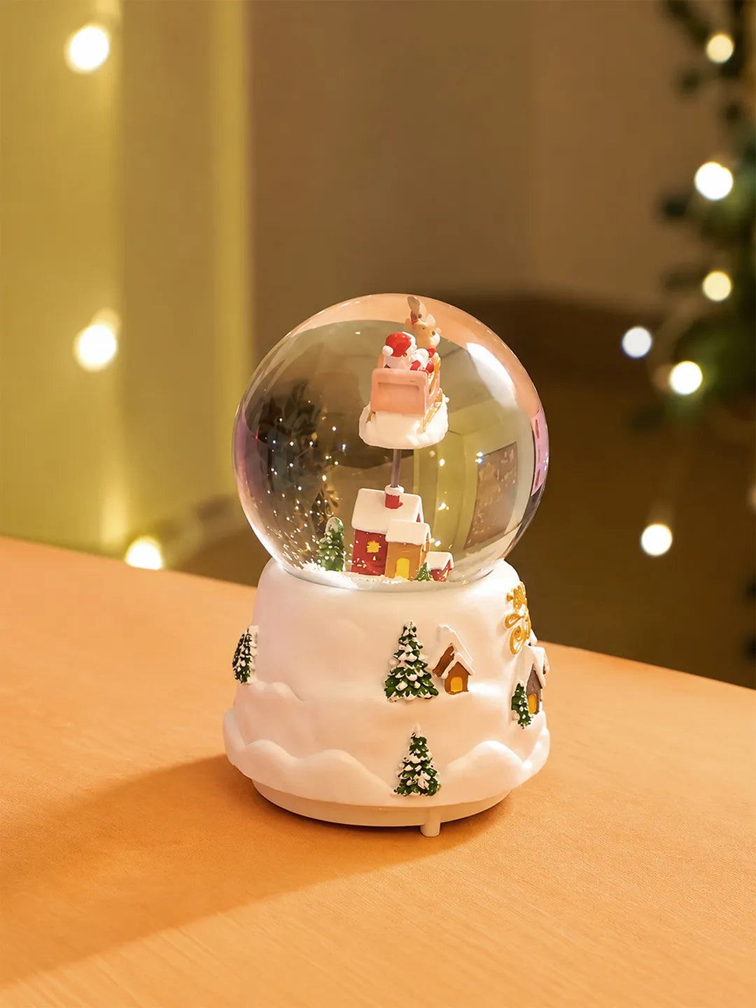 Brown Sledge Santa snow village colorful LED Dome with Music Christmas Table Décor & Gift option