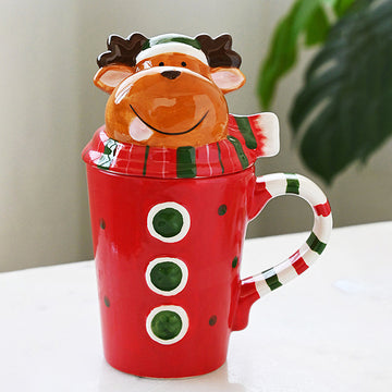 Buttoned Reindeer Lid Ceramic Hot Chocolate and Coffee Christmas Mug