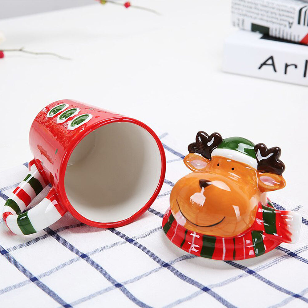 Buttoned Reindeer Lid Ceramic Hot Chocolate and Coffee Christmas Mug