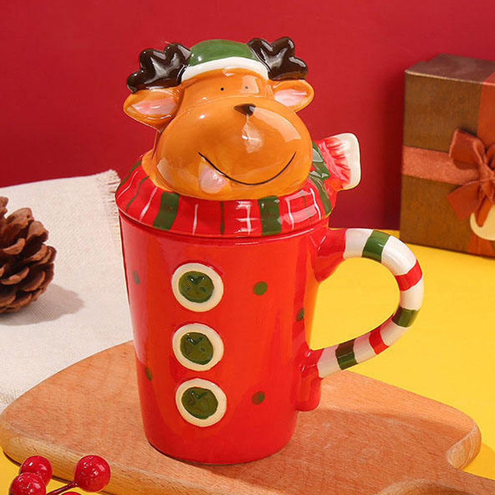 Buttoned Reindeer Lid Ceramic Hot Chocolate and Coffee Christmas Mug
